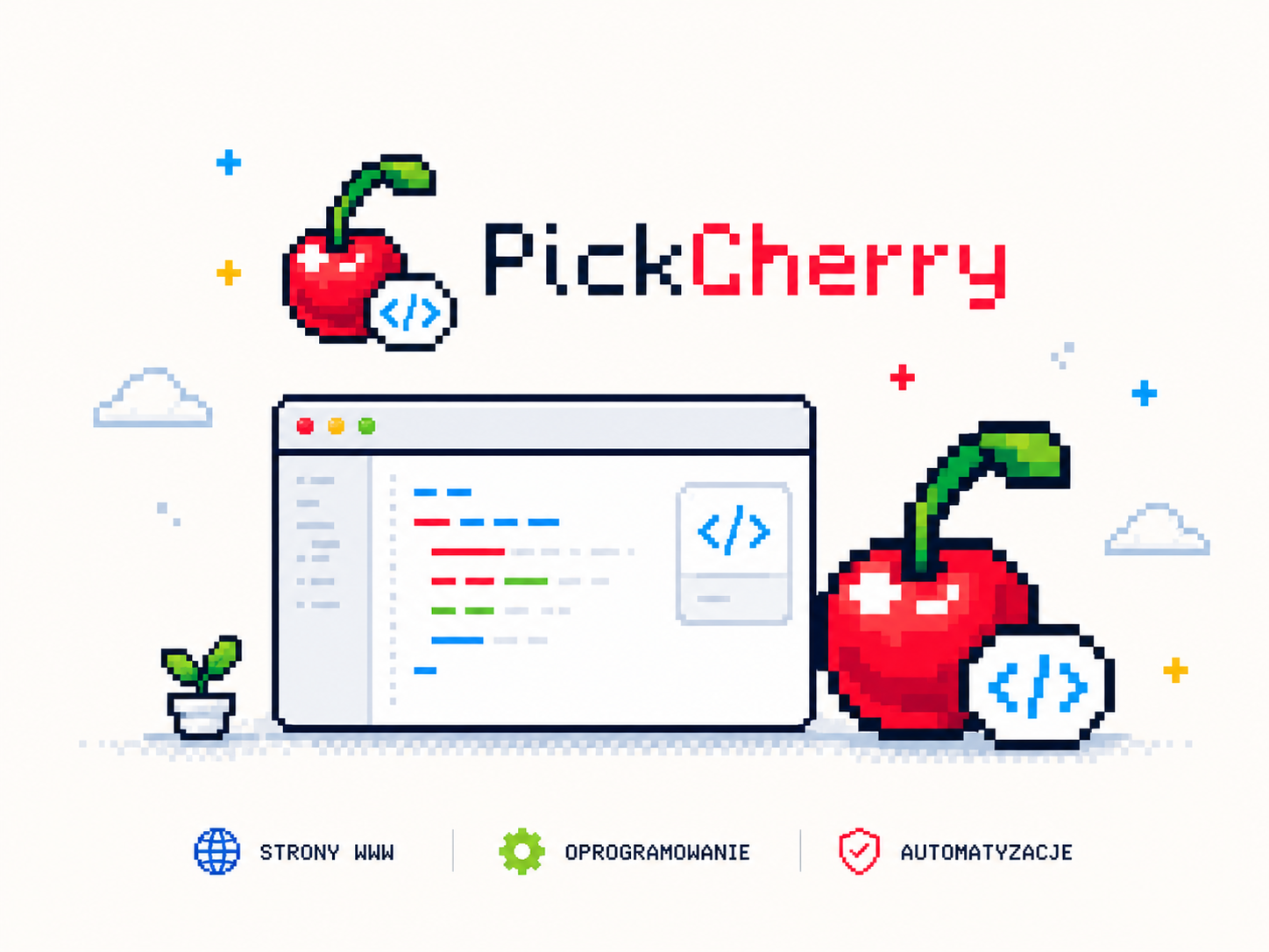 Pixelartowa ilustracja PickCherry prezentująca oprogramowanie dla firm